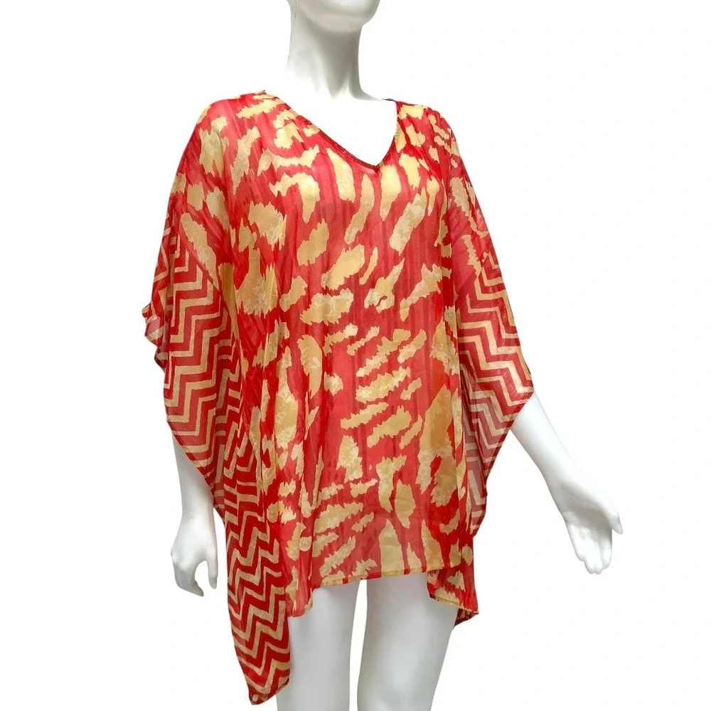 Chicos Red Abstract Animal Print Sheer Kaftan Swim Cover Up Boho Resortwear S/M